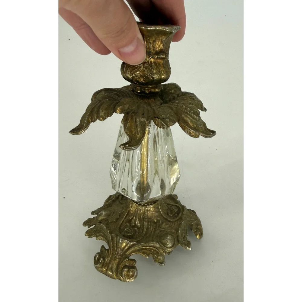 vtg Hollywood Regency Style Cherub Face Candle Holder Gold Gilt Metal Glass 1973